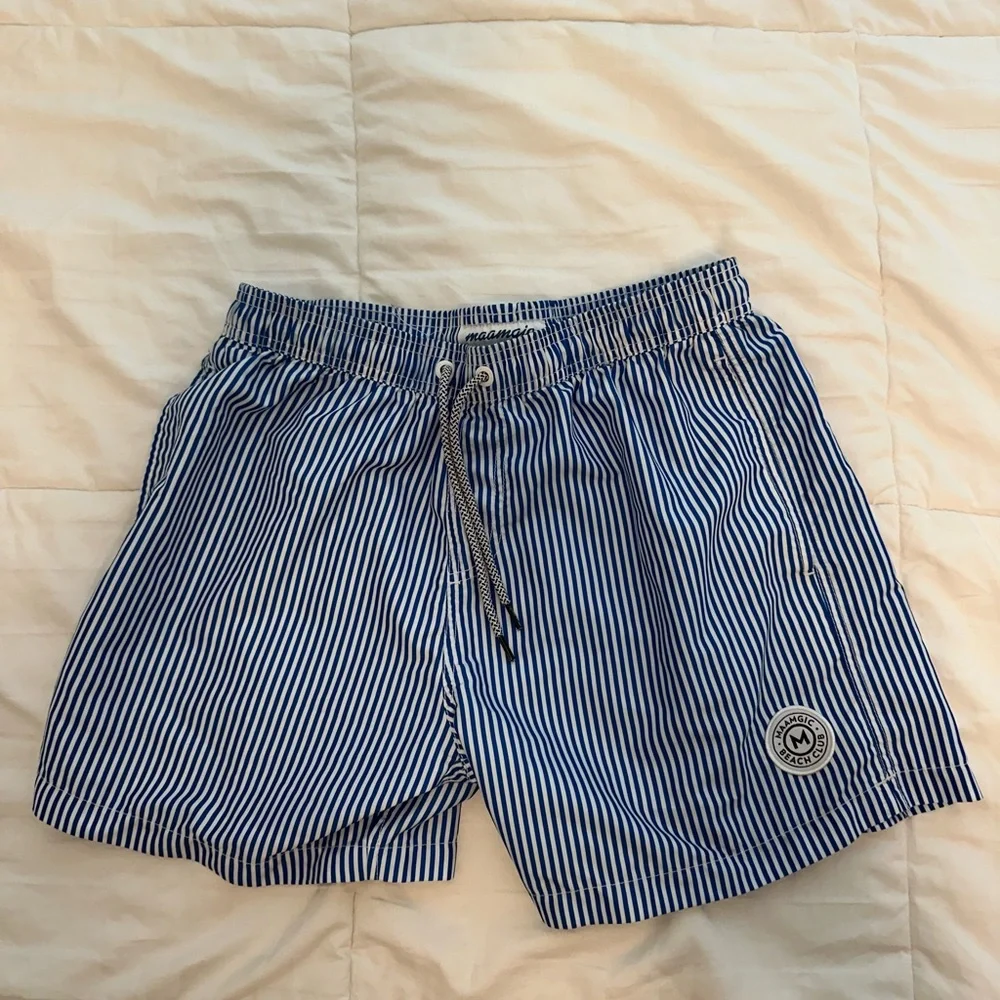 Men's Blue Striped Athletic Swim Shorts with Drawstring